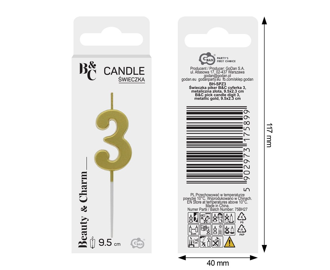 B&C pick candle digit 3, metallic gold,  total lenght 9,5 cm